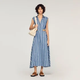 Gestreepte maxi-jurk met leren lipje