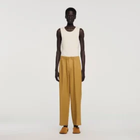 Linnen broek met wijde pijpen en elastische tailleband Linnen broek met wijde pijpen en elastische tailleband