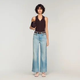 Verbleekte katoenen jeans met rechte pijpen en ritssluiting Verbleekte katoenen jeans met rechte pijpen en ritssluiting